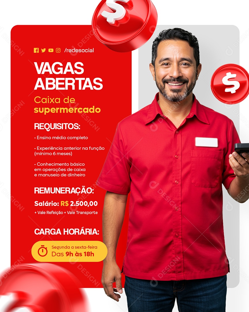 Vagas Abertas Caixa de Supermercado Social Media PSD Editável