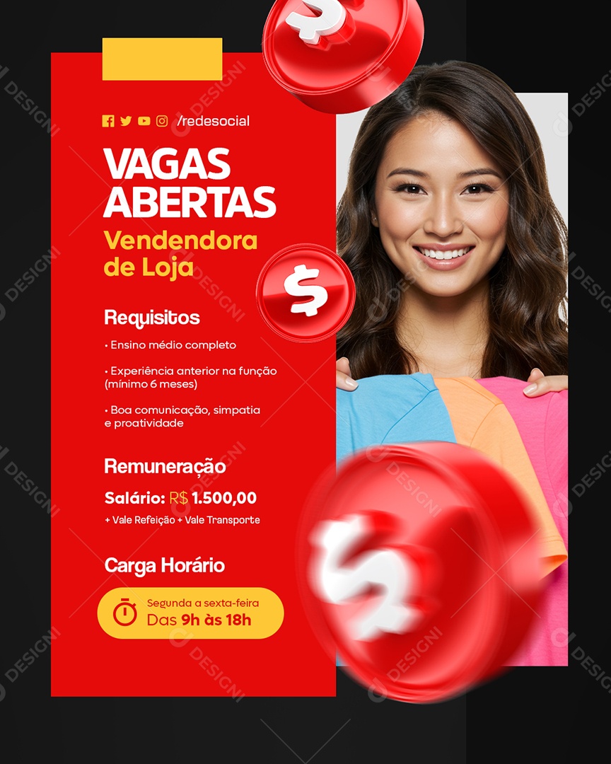 Vagas Abertas Vendendora de Loja Social Media PSD Editável