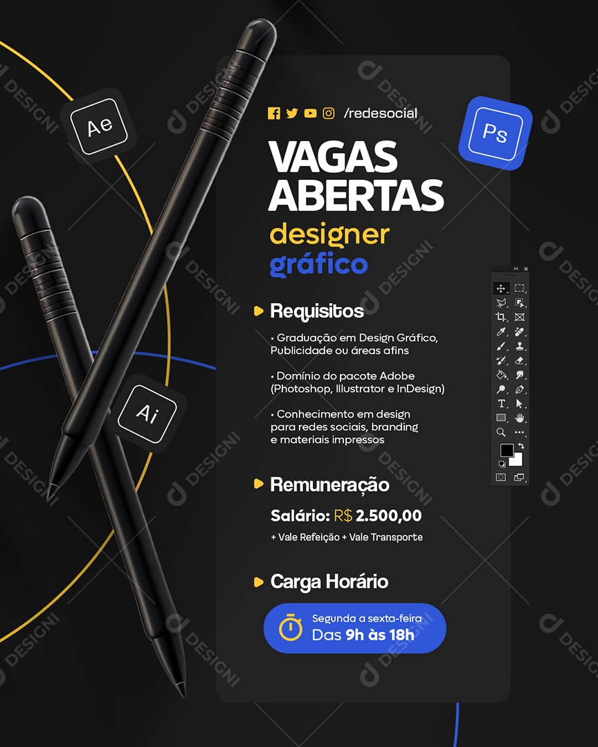 Vagas Abertas Designer Gráfico Social Media PSD Editável