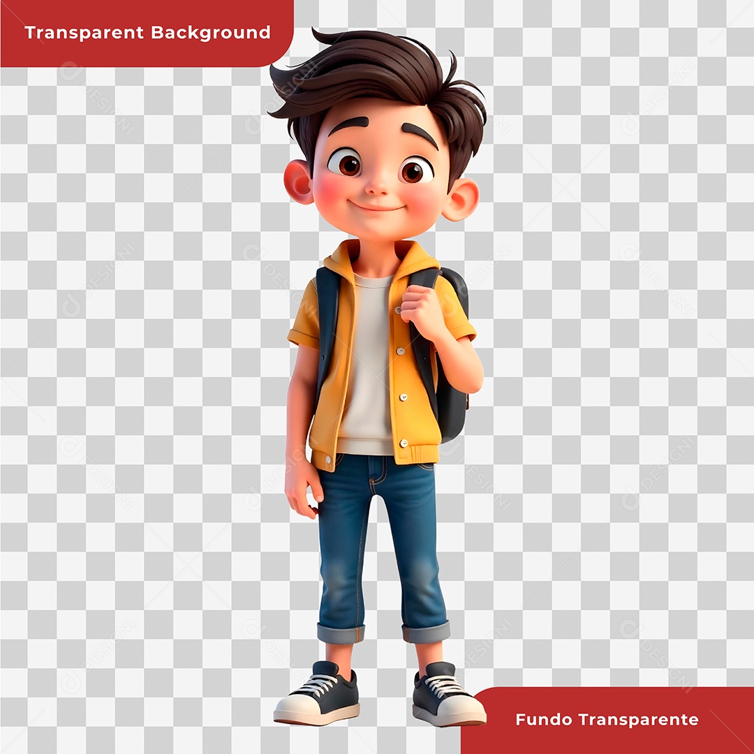 Personagem 3D Estudante Usando Mochila Para Composição PSD
