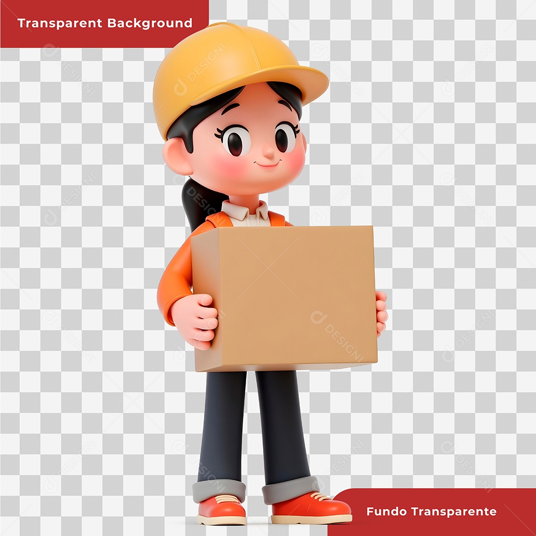 Personagem 3D Entregadora Segurando Caixa de Papelão Composição PSD Editável
