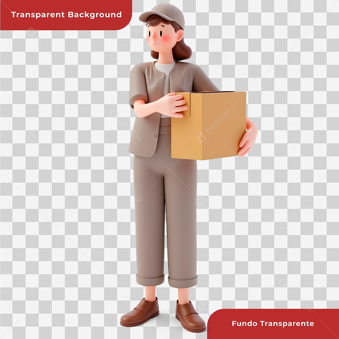 Personagem 3D Entregadora Segurando Caixa de Papelão Composição PSD Editável