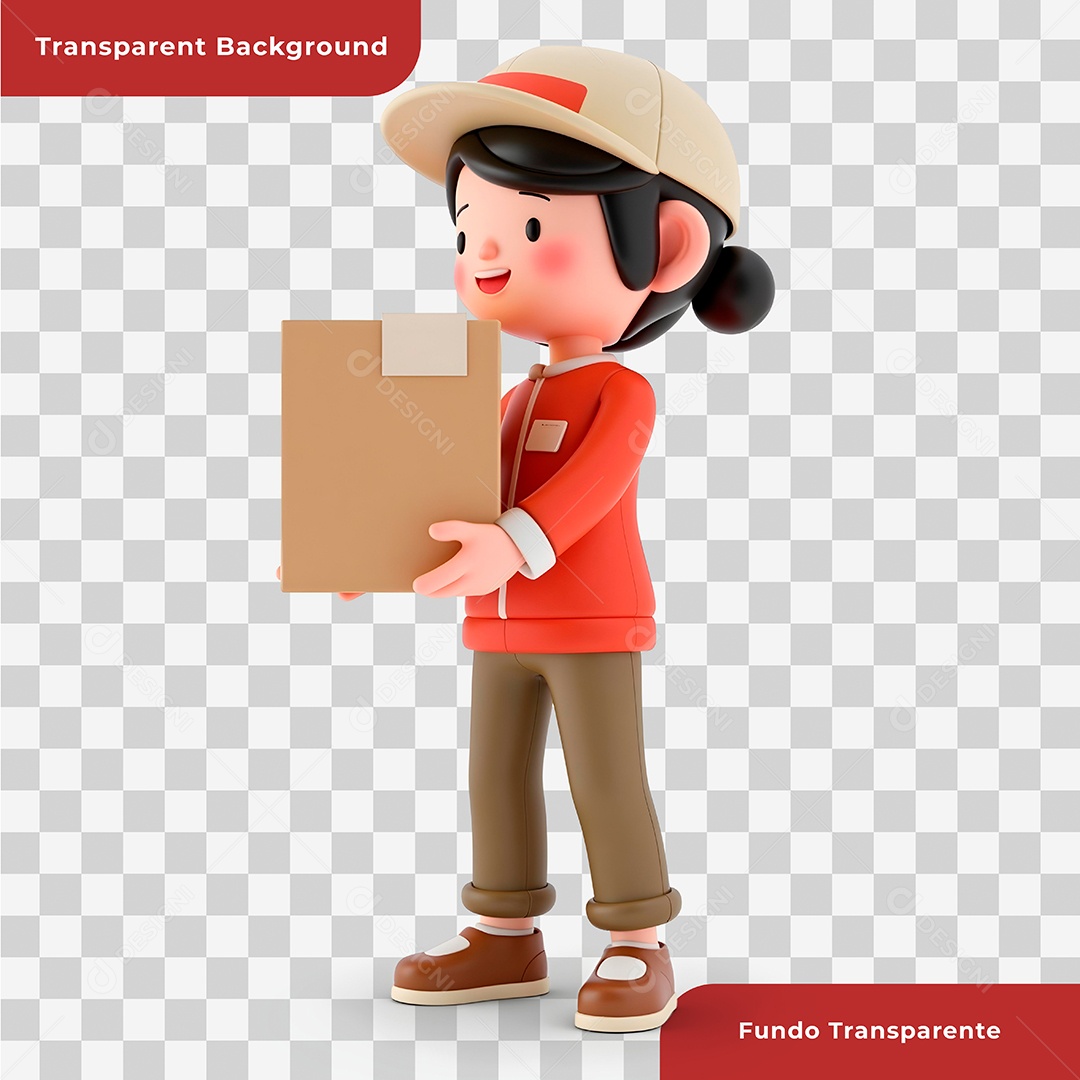 Personagem 3D Entregadora Segurando Caixa de Papelão Composição PSD Editável
