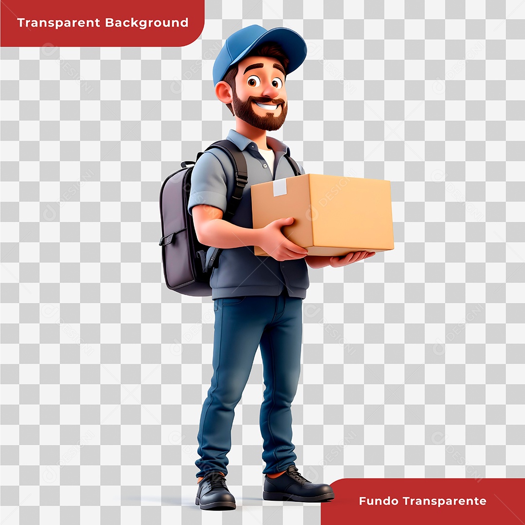 Personagem 3D Entregador Segurando Caixa de Papelão Composição PSD Editável