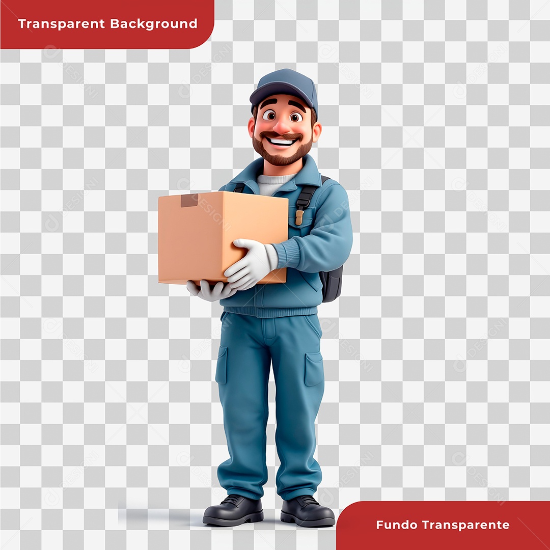 Personagem 3D Entregador Segurando Caixa de Papelão Composição PSD Editável