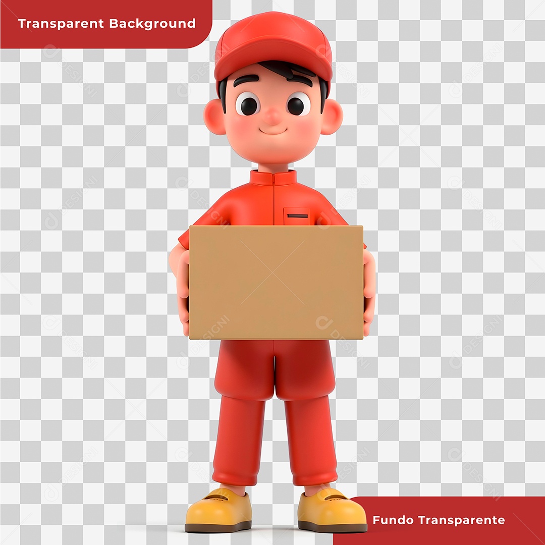Personagem 3D Entregador Segurando Caixa de Papelão Composição PSD Editável