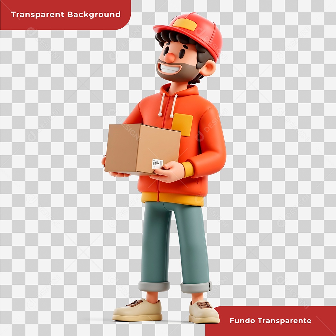 Personagem 3D Entregador Segurando Uma Caixa de Papelão Composição PSD Editável