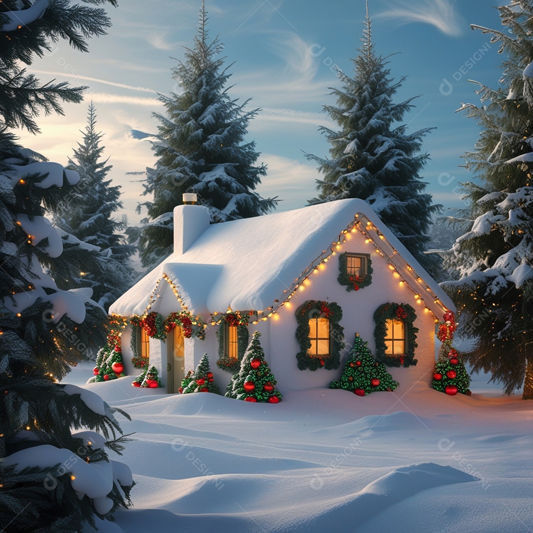 Casa coberta com neve e luzes decoração de natal