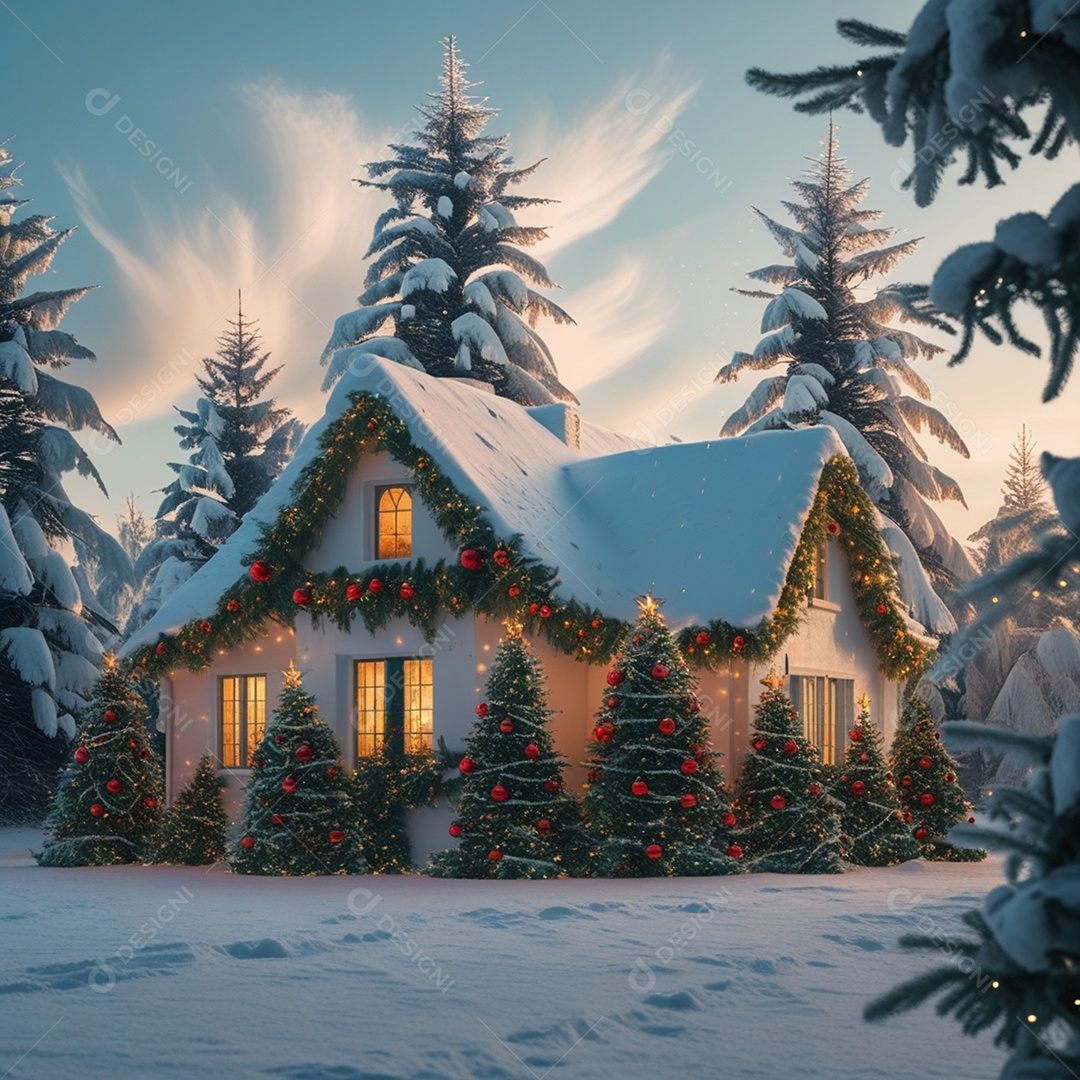 Casa com um lindo jardim enfeitado de natal em meio a neve