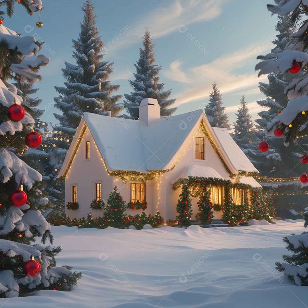 Casa simples no meio da neve com decoração natalina