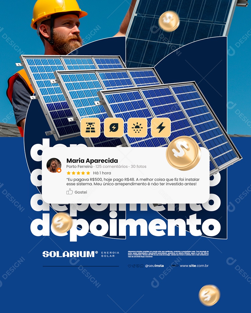 Energia Solar Depoimento Maria Aparecida Social Media PSD Editável