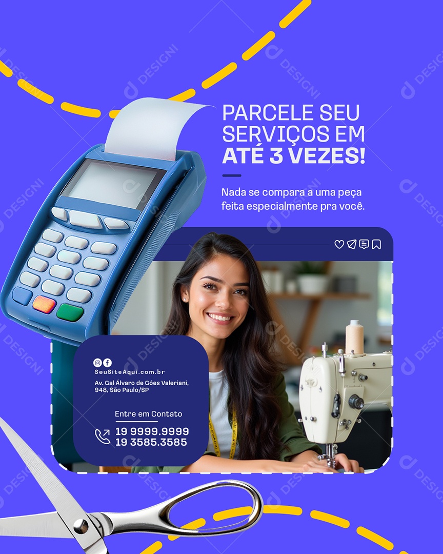 Costureira Parcele seu Serviços em Até Três Vezes Social Media PSD Editável