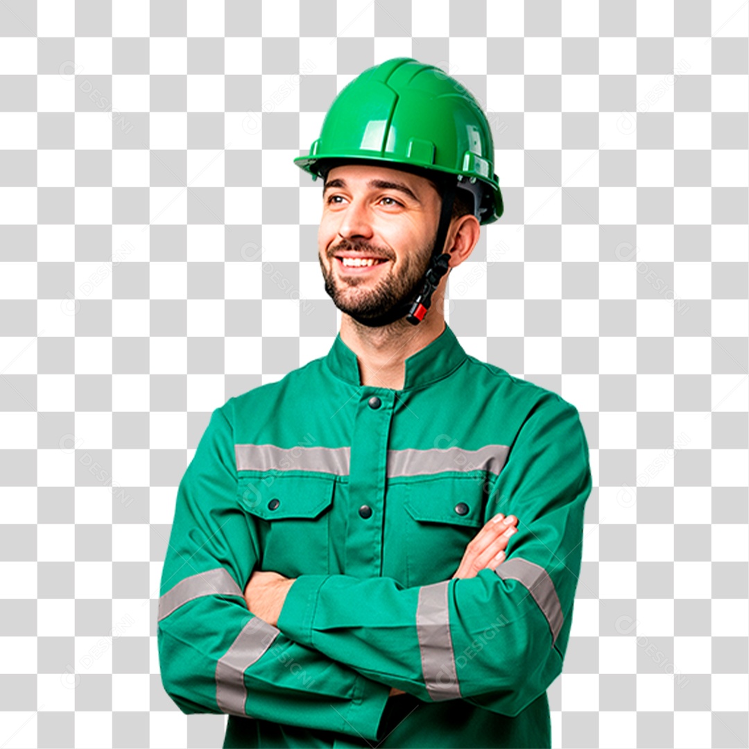 Técnico telecom usando um capacete verde uniforme neutro verde claro braços cruzados