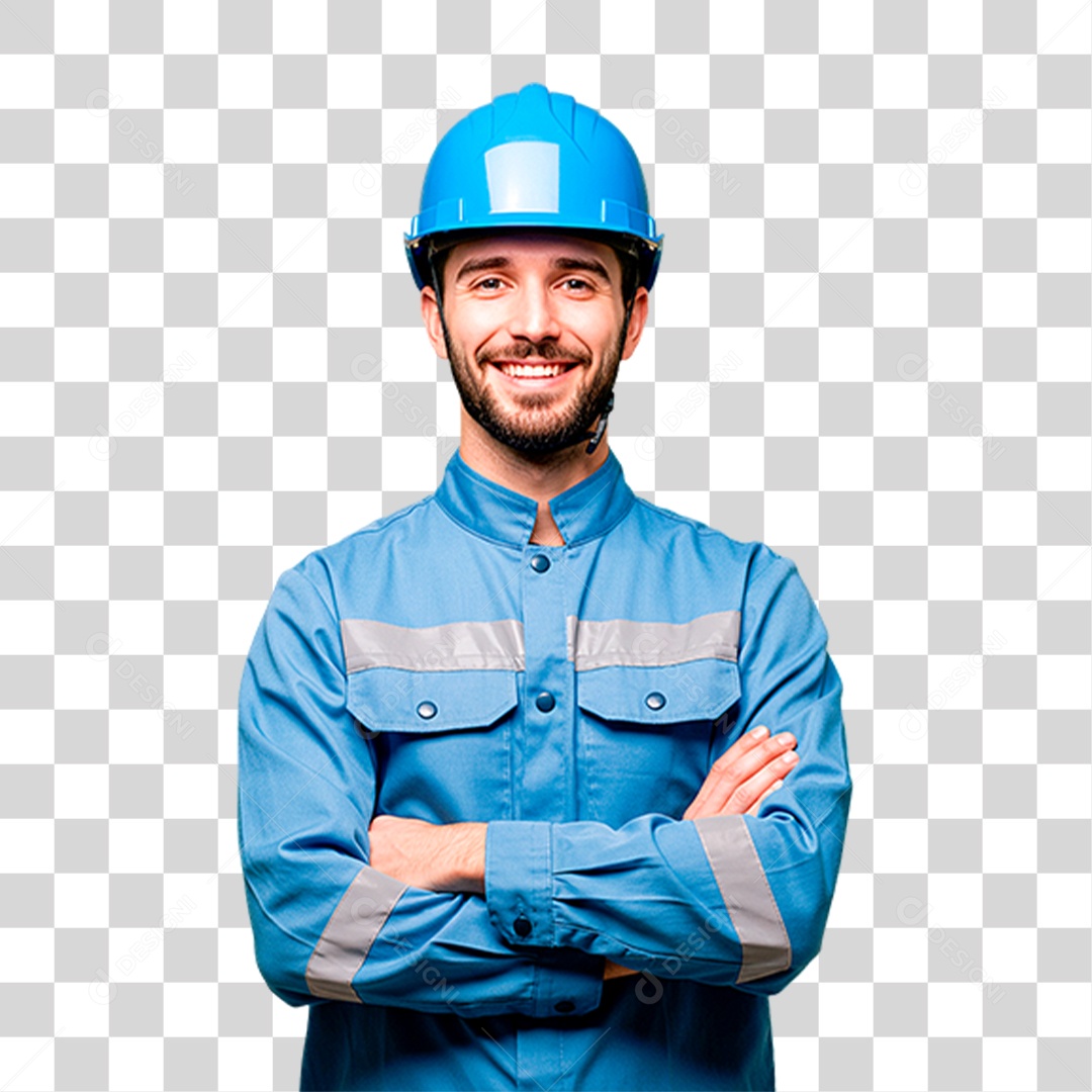 Operário de Construção com Capacete e Uniforme Azul PNG Transparente