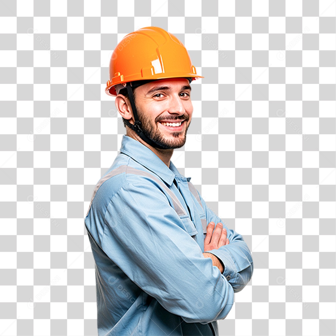 Operário de Construção com Capacete e Uniforme Azul PNG Transparente