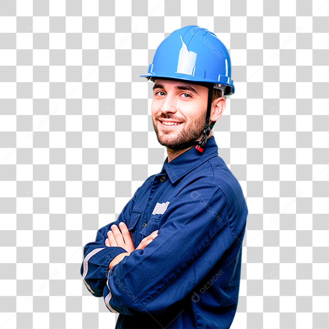Operário de Construção com Capacete e Uniforme Azul PNG Transparente