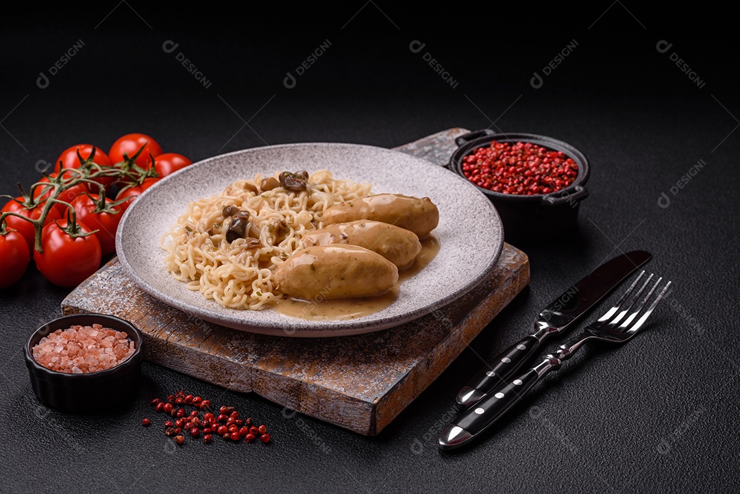 Prato de macarrão com carne em uma mesa de concreto