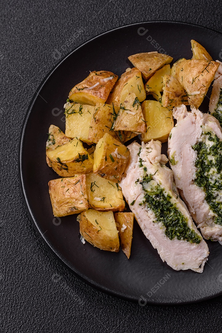 Frango saboroso em um prato de madeira mesa concreto