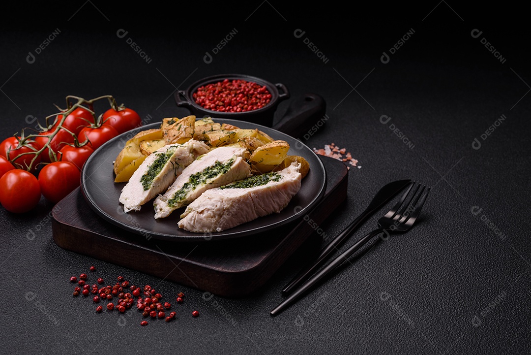 Frango saboroso em um prato de madeira mesa concreto