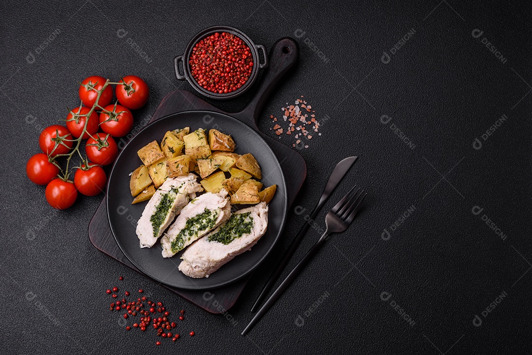 Frango saboroso em um prato de madeira mesa concreto