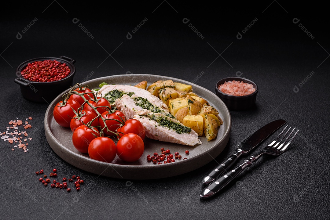 Frango saboroso em um prato de madeira mesa concreto