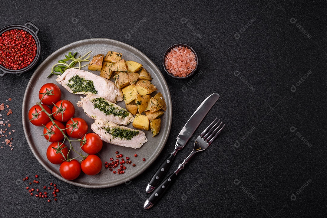 Frango saboroso em um prato de madeira mesa concreto