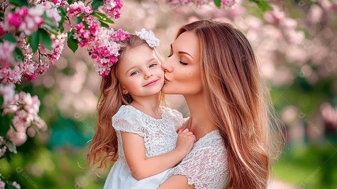 Retrato de mãe ao abraçar e beijar bochecha de sua filha ao fundo de um jardim