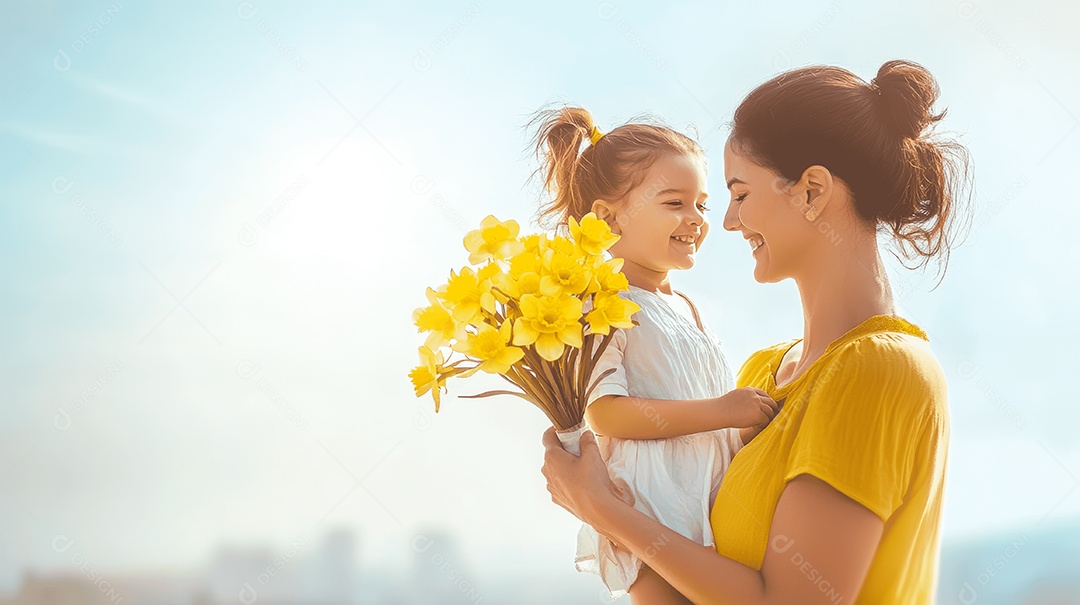 Retrato de filha sobre o colo de sua mãe segurando buquê de flores ao ar livre
