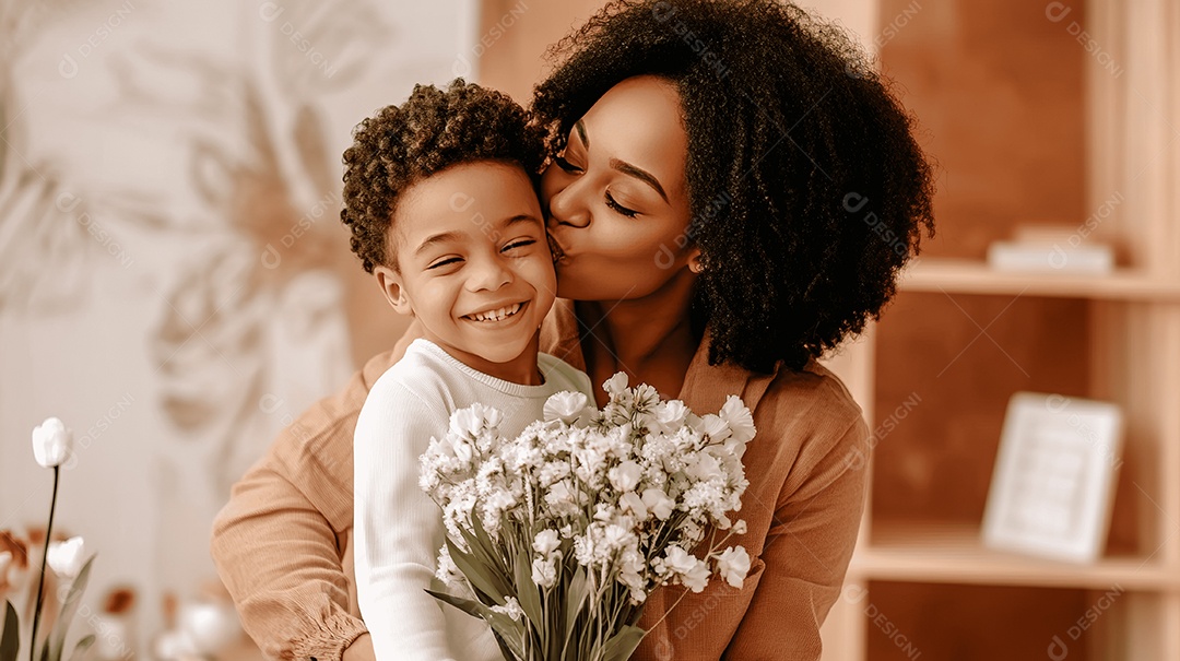 Retrato de mãe ao abraçar e beijar bochecha de filho ao segurar flores ao fundo de sala de estar
