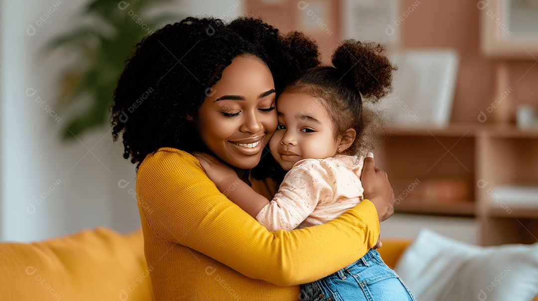 Retrato de criança morena ao abraçar sua mãe sobre fundo de uma sala de estar