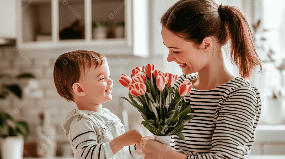 Feliz filho em pé ao lado de sua mãe segurando buquê de flores na sala de estar