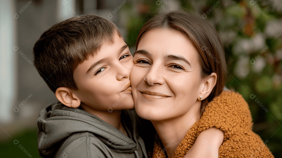 Retrato de filho ao abraçar e beijar bochecha de sua mãe ao fundo de ar livre