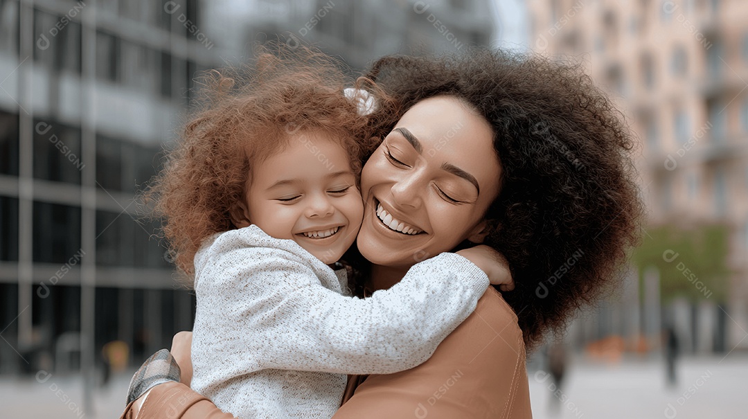 Retrato de criança morena ao abraçar sua mãe sobre fundo de paisagem urbana