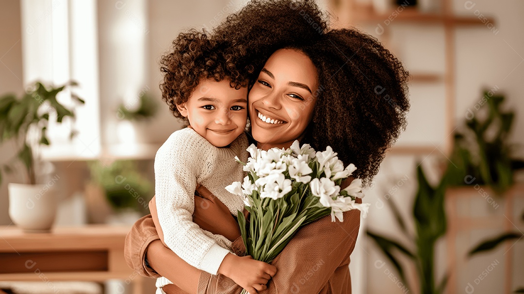Retrato de filho com buquê de flor ao abraçar sua mãe