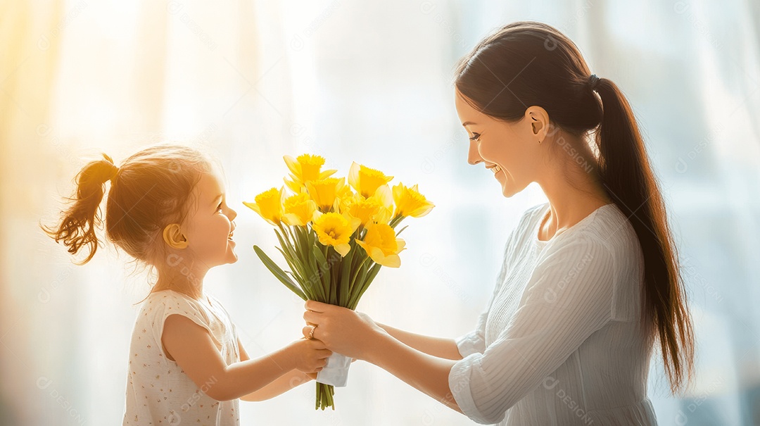 Feliz filha em pé ao lado de sua mãe segurando buquê de flores na sala de estar