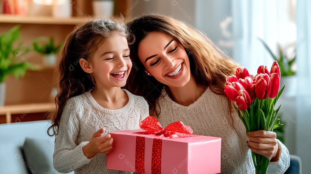 Feliz filha em pé ao lado de sua mãe segurando caixa de presente e flores na sala de estar