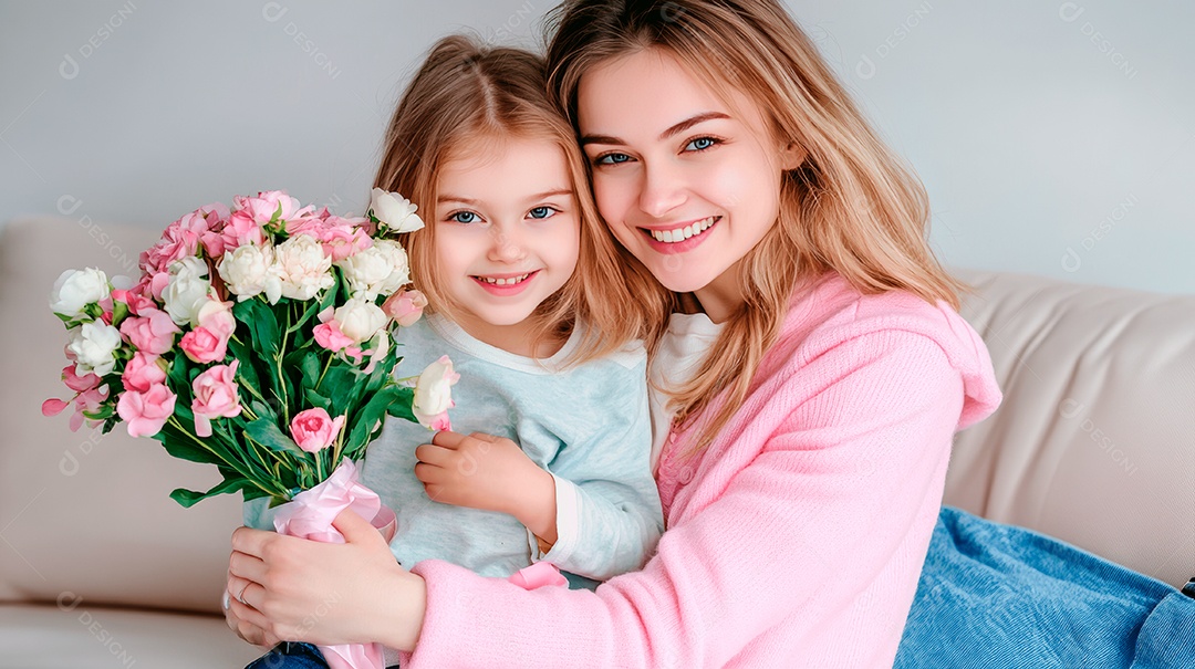 Feliz filha e sua mãe segurando buquê de flores na sala de estar