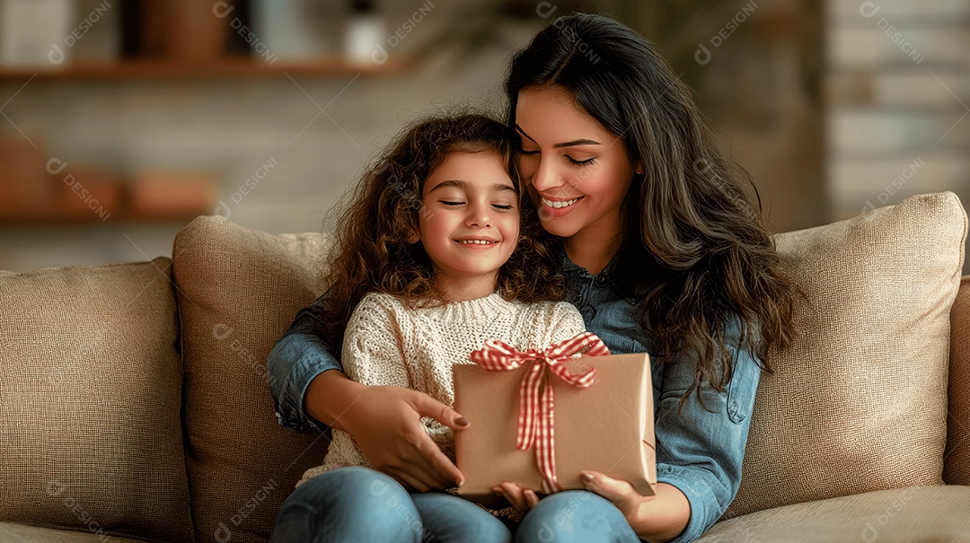 Feliz filha sentada ao colo de sua mãe segurando presente na sala de estar