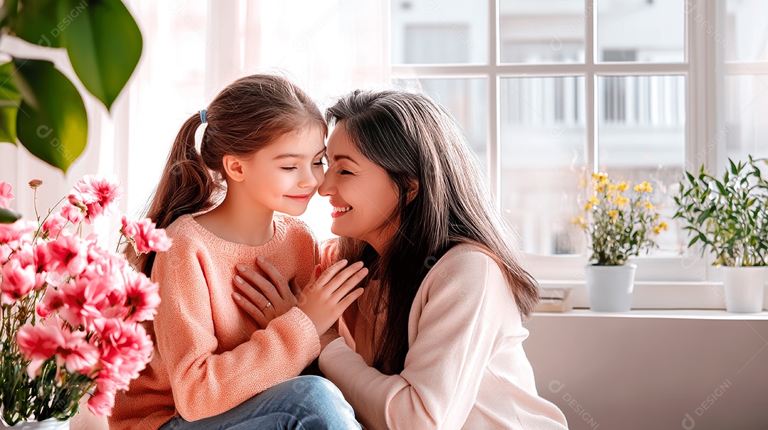 Feliz filha pré-adolescente e sua mãe se abraçando com flores na sala de estar