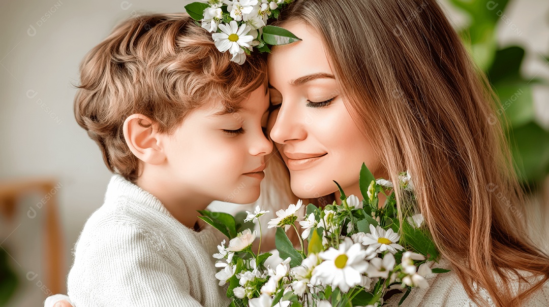 Retrato de filho com buquê de flor ao abraçar sua mãe