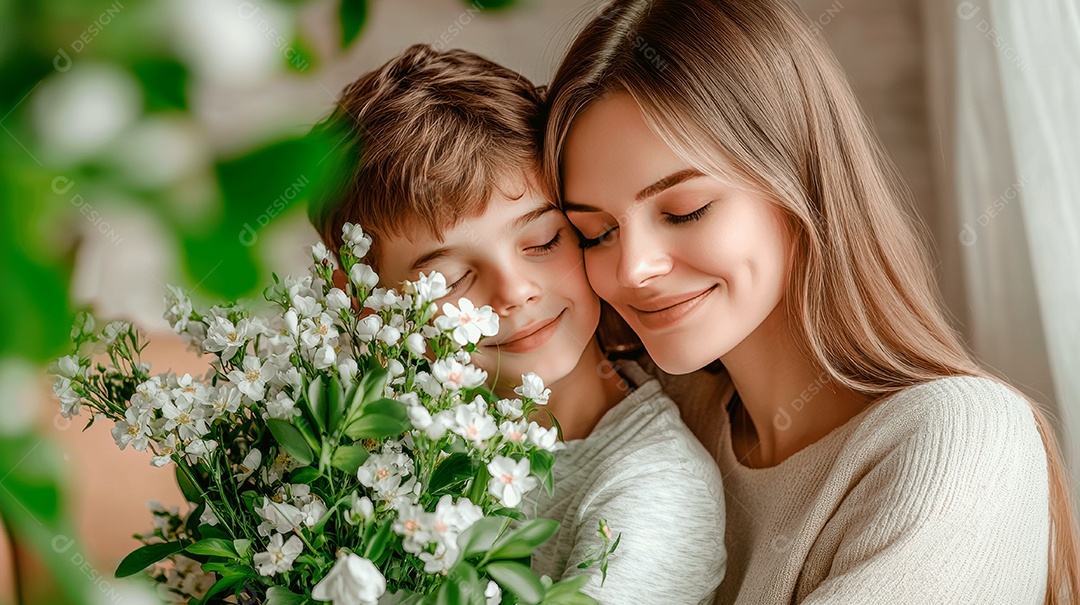 Retrato de filho com buquê de flor ao abraçar sua mãe