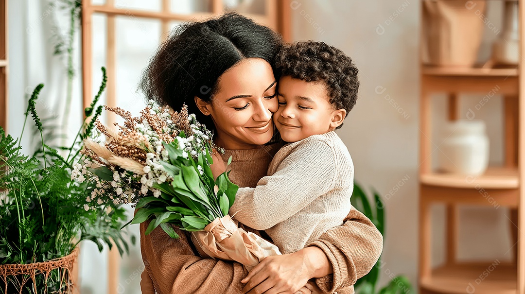 Retrato de filho com buquê de flor ao abraçar sua mãe