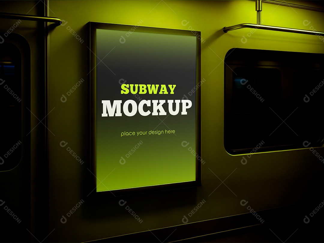 Poster no Interior do Metrô Escuro Mockup PSD Editável
