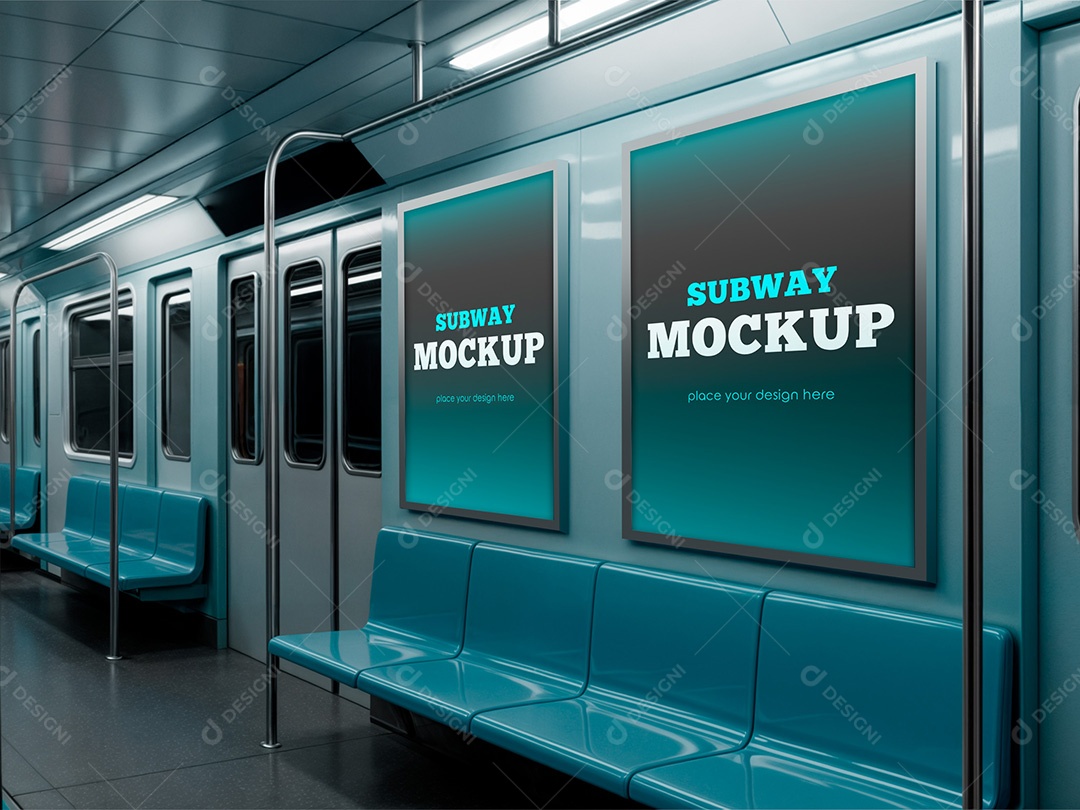 Poster no Interior do Metrô Mockup PSD Editável