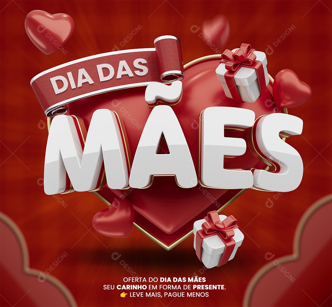 Dia das Mães Selo 3D Branco e Vermelho para Composição PSD