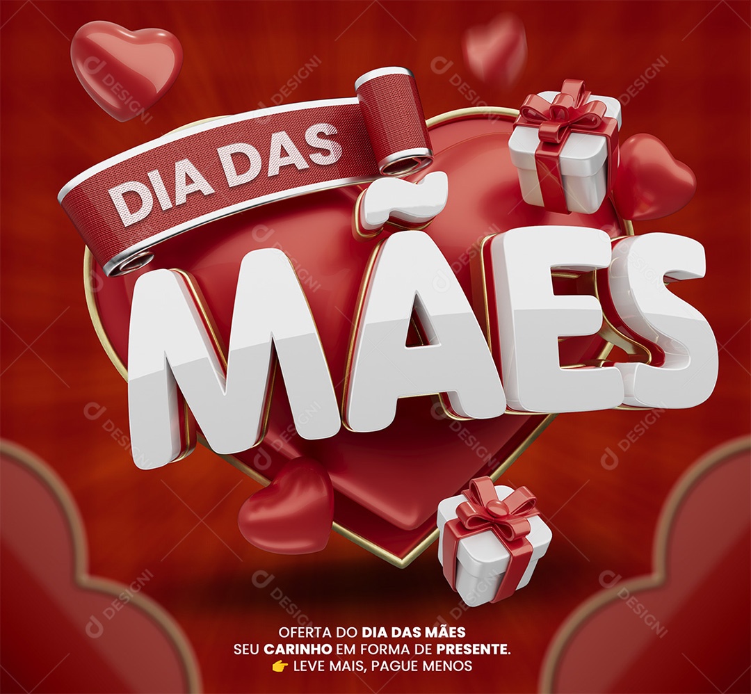 Dia das Mães Selo 3D Branco e Vermelho para Composição PSD