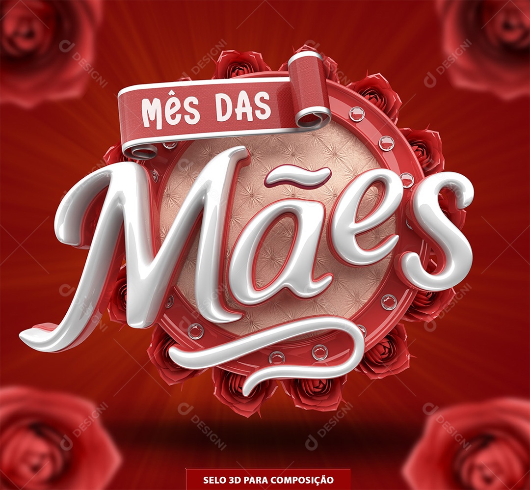 Mês das Mães Selo 3D Branco e Vermelho para Composição PSD