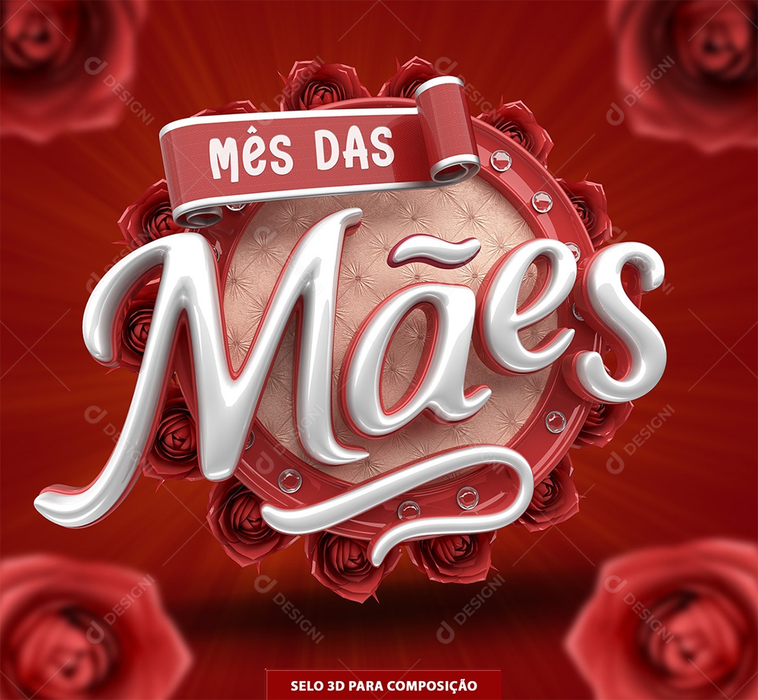 Mês das Mães Selo 3D Branco e Vermelho para Composição PSD
