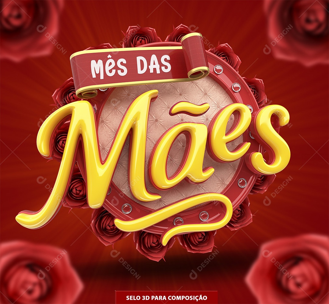 Mês das Mães Selo 3D Amarelo e Vermelho para Composição PSD