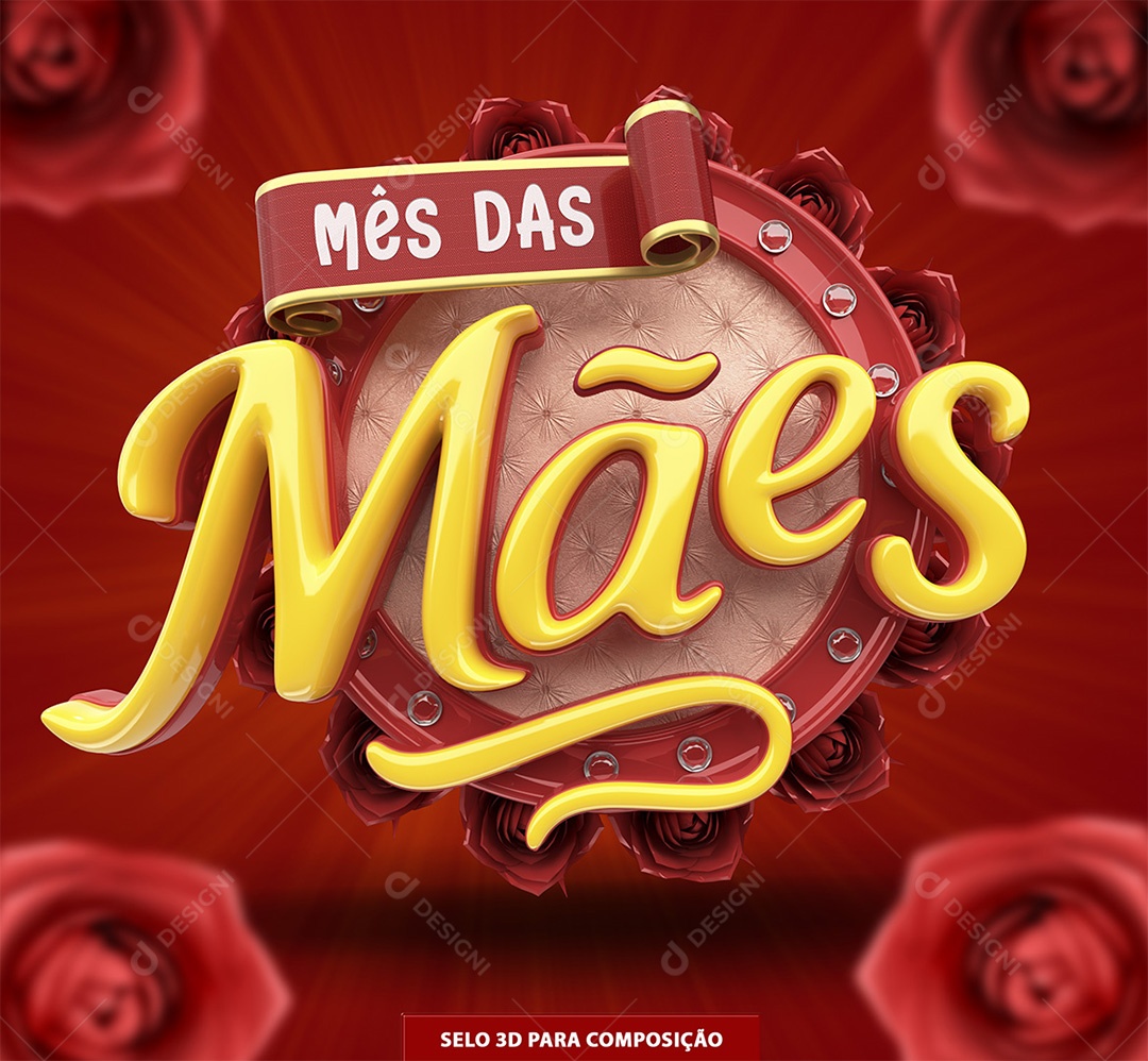 Mês das Mães Selo 3D Amarelo e Vermelho para Composição PSD